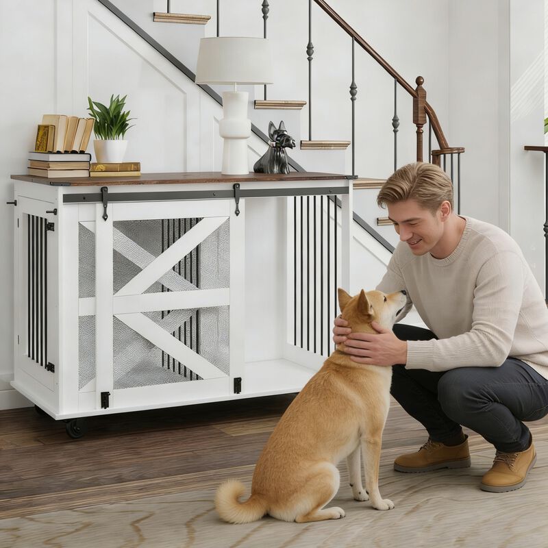 47.2" Mobile Dog Crate with Flip-Top Feeding Door, Dual-Access & 5 Caster System, Side Hooks image number 4