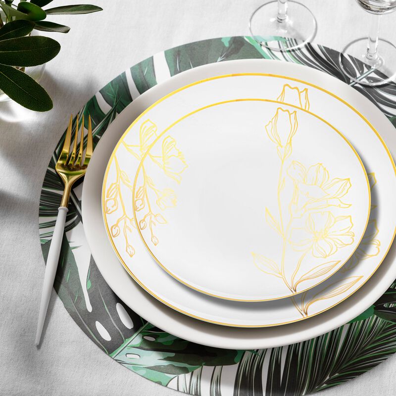 White with Gold Antique Floral Round Plastic Dinnerware Value Set (40 Sets) image number 8