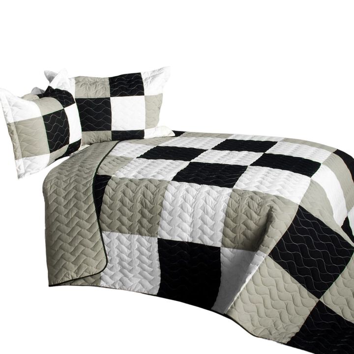 Patchwork Plaid Quilt Set Queen Size with Vermicelli Quilted Design-Grey