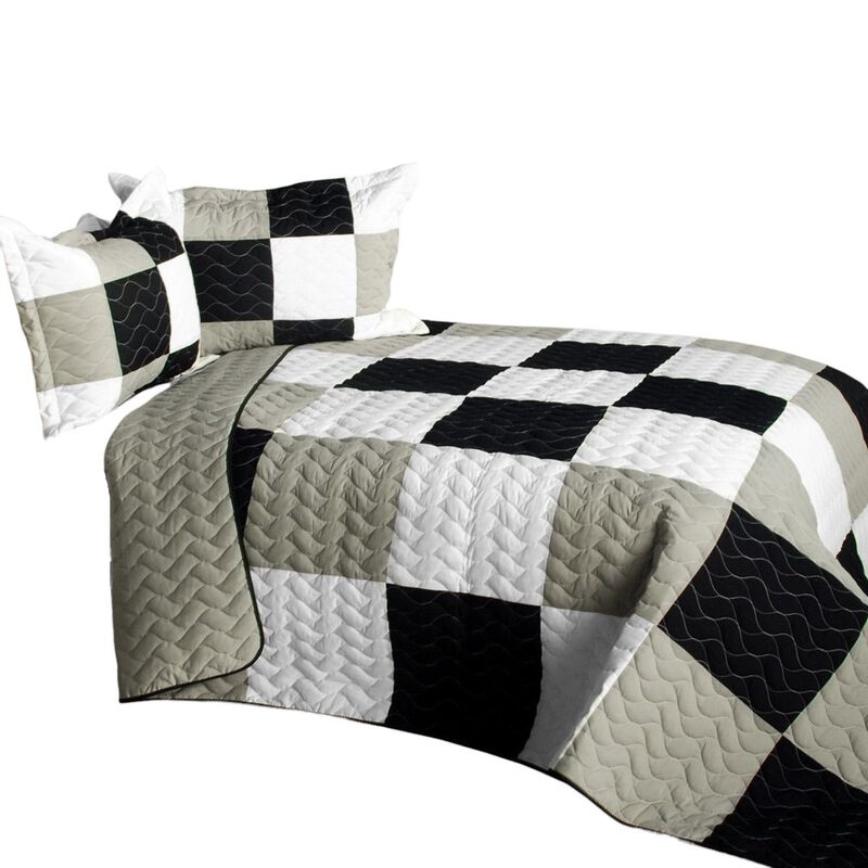 Patchwork Plaid Quilt Set Queen Size with Vermicelli Quilted Design-Grey image number 1