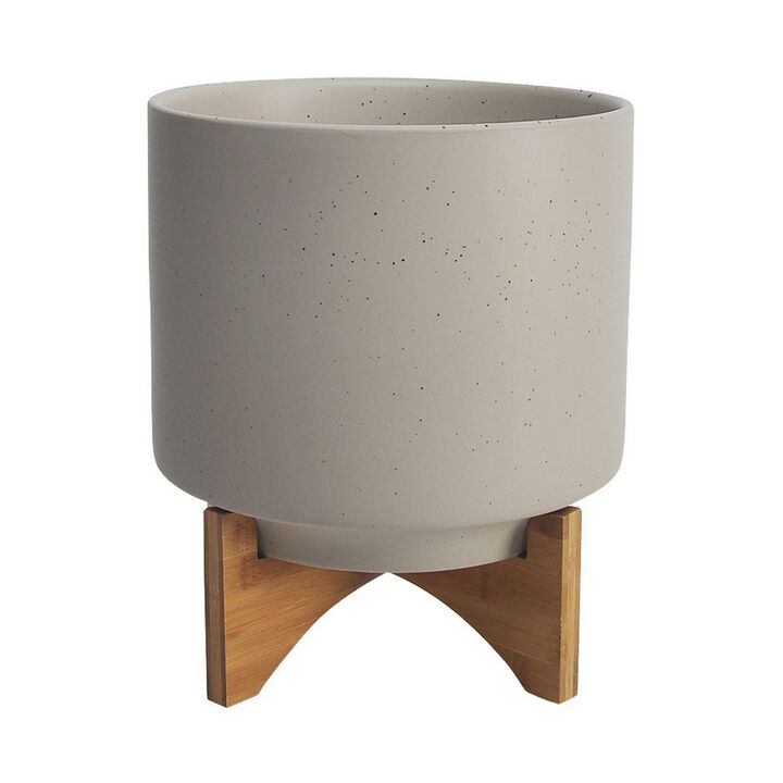 Ceramic Planter with Terrazzo Design and Wooden Stand, Large, Light Beige-Benzara