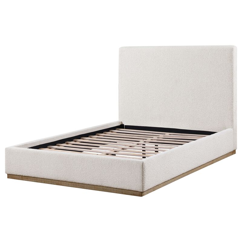 Ole King Size Bed, Upholstered Panel Headboard, Gold Plinth Base, Ivory - Benzara