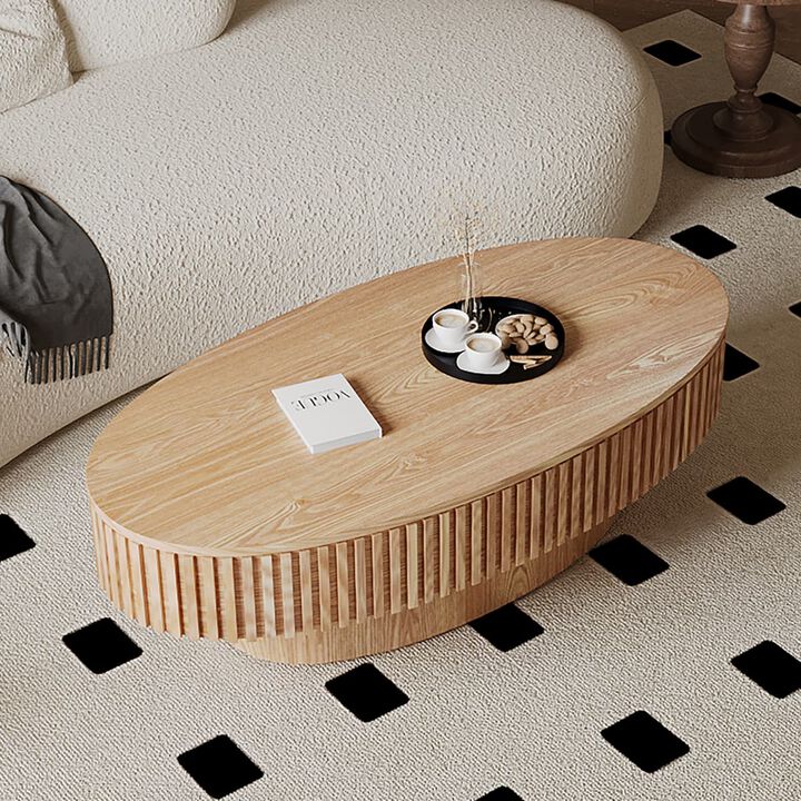 Oval coffee table with storage Solid wood veneer and MDF modern coffee table with fluted base Accent tea coffee table for living room