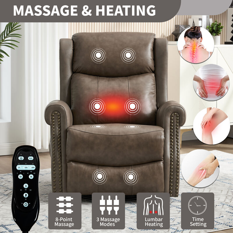 Genuine leather Heat Massage Manual Recliner Chair with Rocker and Swivel for Living Room image number 3