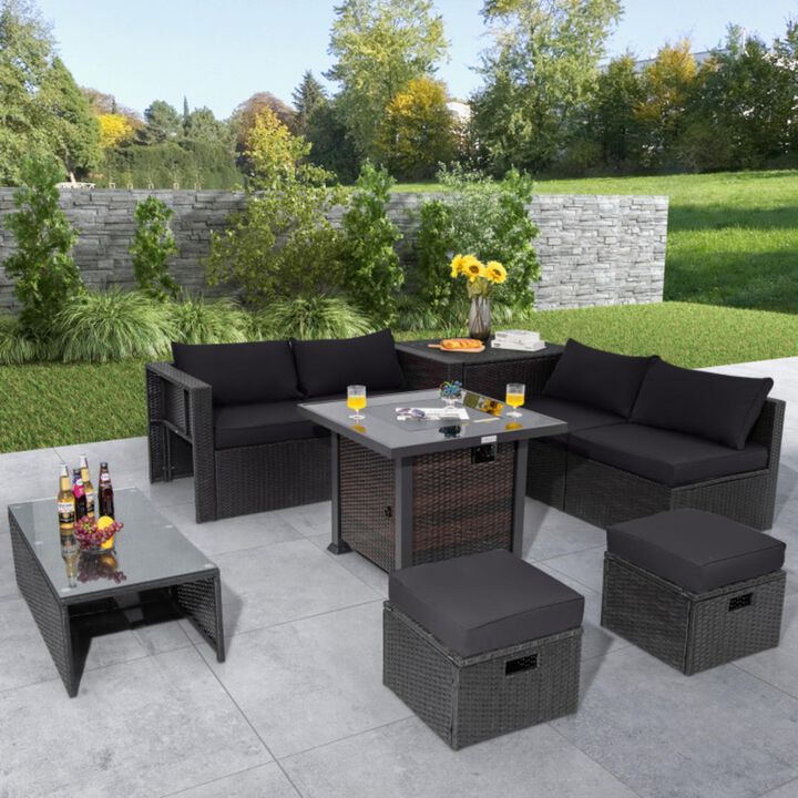 Hivvago 9 Pieces Patio Furniture Set with 32" Fire Pit Table and 50000 BTU Square Propane Fire Pit