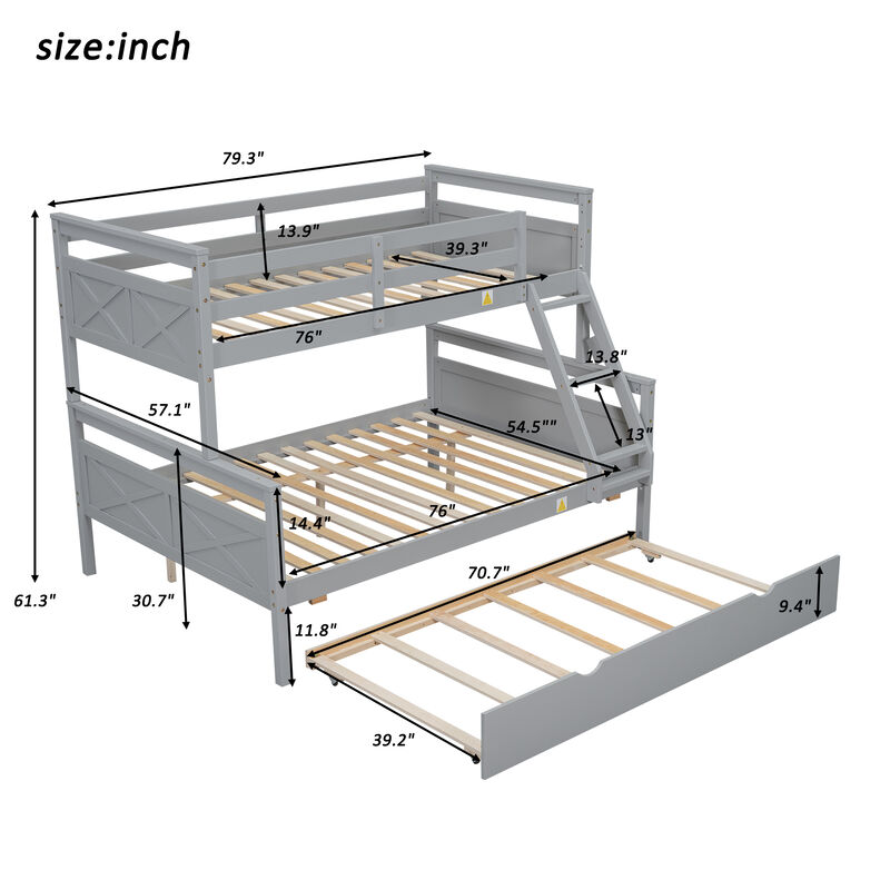 Whisen Twin over Full Bunk Bed with Ladder, Twin Size Trundle, Safety Guardrail - Gray