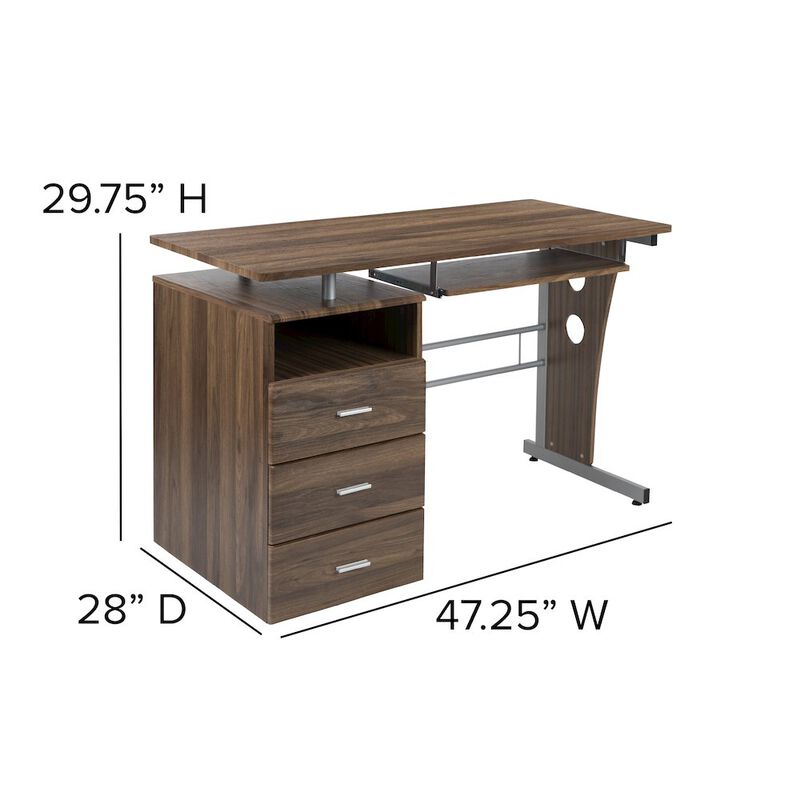 Flash Furniture Rustic Walnut Desk with Three Drawer Pedestal and Pull-Out Keyboard Tray image number 3