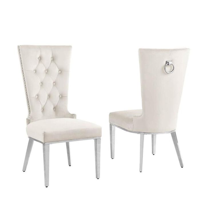 Cream velvet side chair with silver stainless steel base - Set of 2