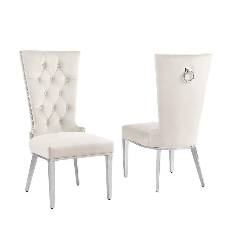 Cream velvet side chair with silver stainless steel base - Set of 2