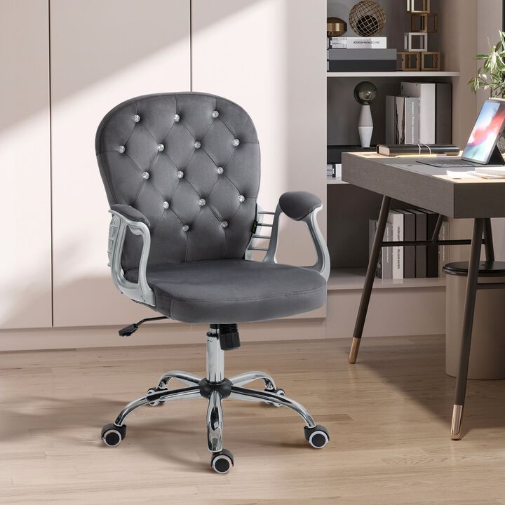 Velvet Home Office Chair, Button Tufted Desk Chair with Padded Armrests, Adjustable Height and Swivel Wheels, Dark Gray