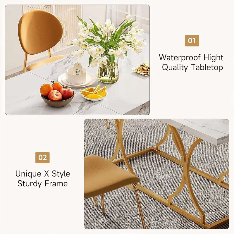 63" Luxury Dining Table Kitchen Dining Room Table Rectangle Modern Marble White Dinner Table with Gold Metel Frame for 6 People image number 3