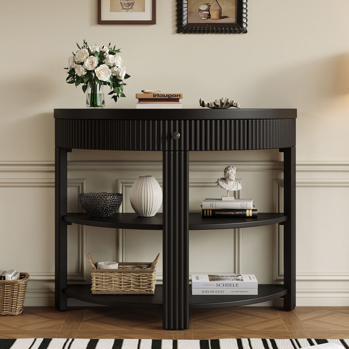 Whisen Half Moon Console Table, Fluted Wooden Entryway Table with Drawer & 2 Shelves, Solid Wood & MDF for Living Room Hallway