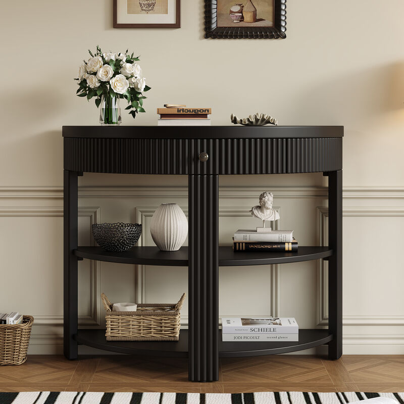 Whisen Half Moon Console Table, Fluted Wooden Entryway Table with Drawer & 2 Shelves, Solid Wood & MDF for Living Room Hallway image number 1