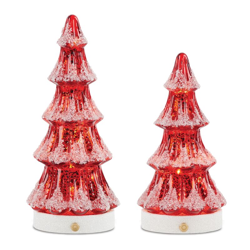 Mercury Glass LED Christmas Tree Set (2 Pieces) &ndash; Light-Up Vintage Holiday Trees for Indoor Seasonal Display
