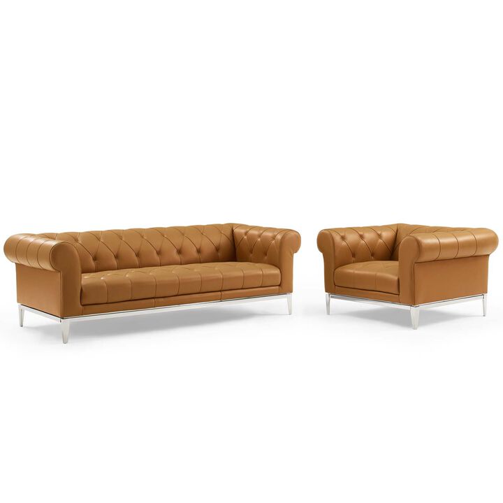 Idyll Tufted Upholstered Leather Sofa and Armchair Set Brown