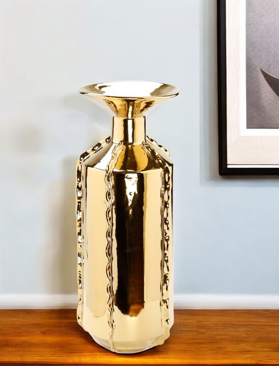 HomeRoots 21" Gold Trumpet Ceramic Table Vase With Sculptural Details