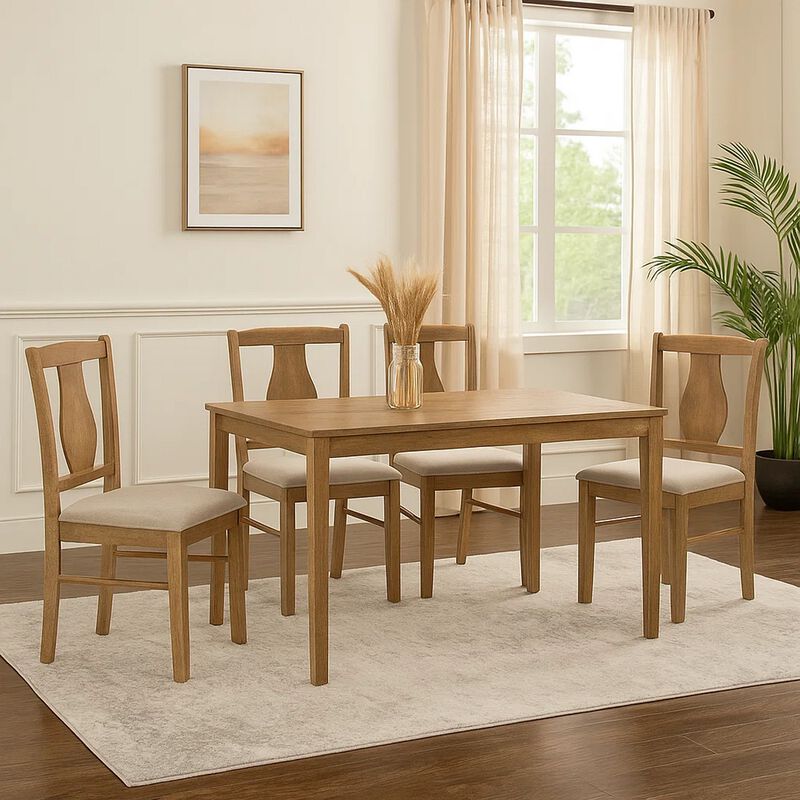5 Piece Dining Table Set with 4 Chairs, Rubberwood, Weathered Oak