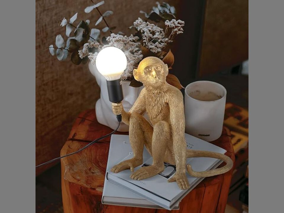 Table Lamp &ndash; Gold Resin Sitting Monkey LED Desk Light, Animal Bedside Home D&eacute;cor