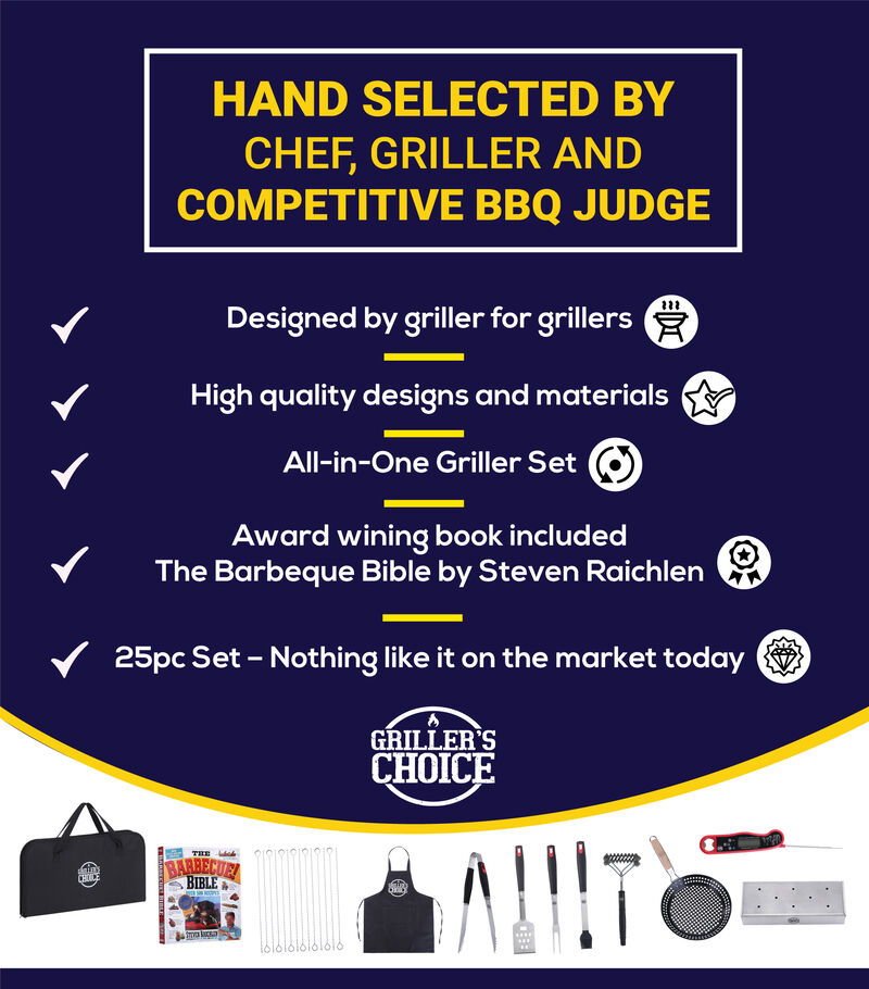 Grillers Choice - 25 Piece Grillers Set - Hand Selected Grilling Tool Kit by Chef and BBQ Judge- Includes The Ultimate Grilling Guide
