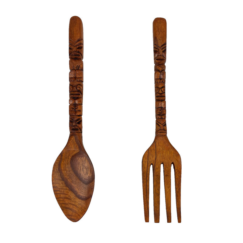 16 Inch Carved Tiki Spoon & Fork Wooden Wall Decor Art Utensil Decoration Set image number 0