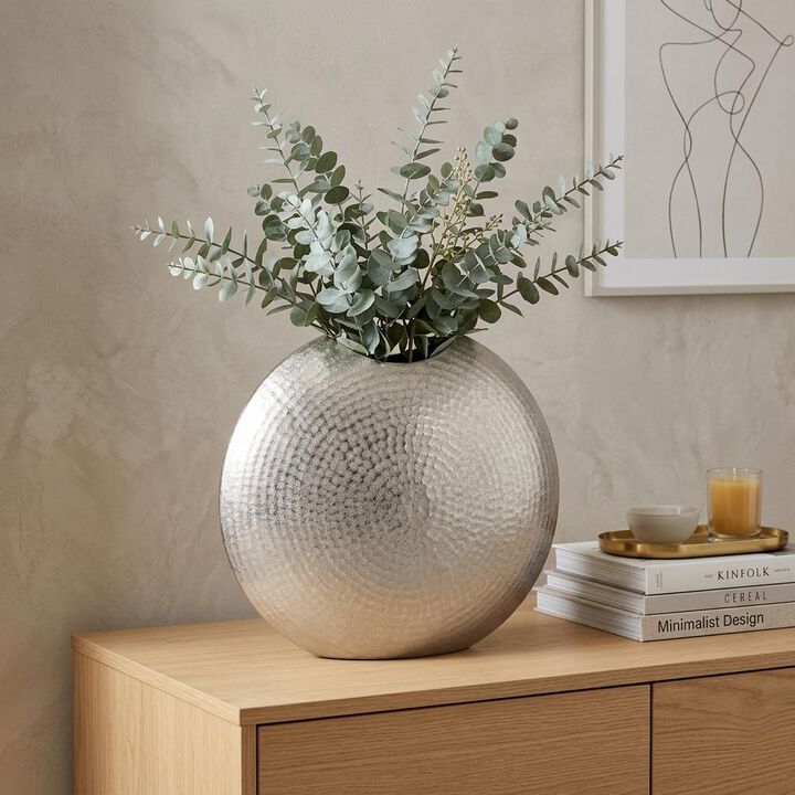 HomeRoots 14" Silver Hammered Round Aluminum Table Vase