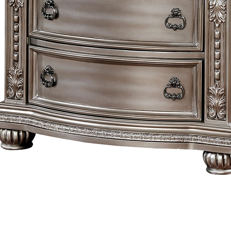 Solid Wood with Marble Top Nightstand with Three Drawers, Silver-Benzara
