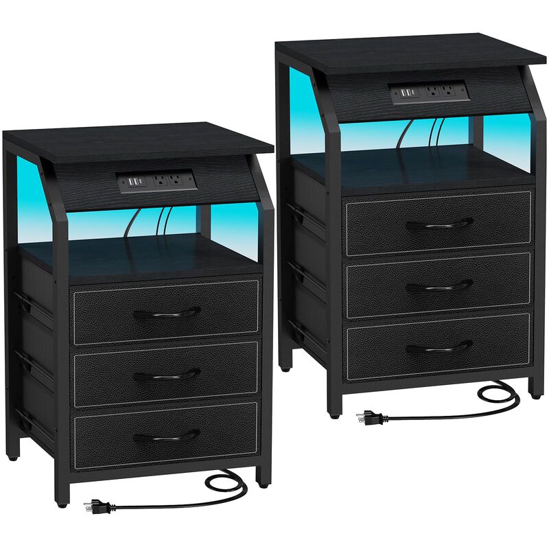 SZLHANJZ End Tables Set of 2, Nightstands with Charging Station and LED Lights, 3 Drawers Fabric Dressers, Storage Side Tables f