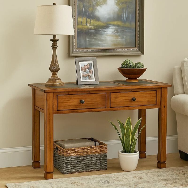 Marv Sofa Table w 2 Drawers, 48 Inch Rectangular Slate Inlay, Brown