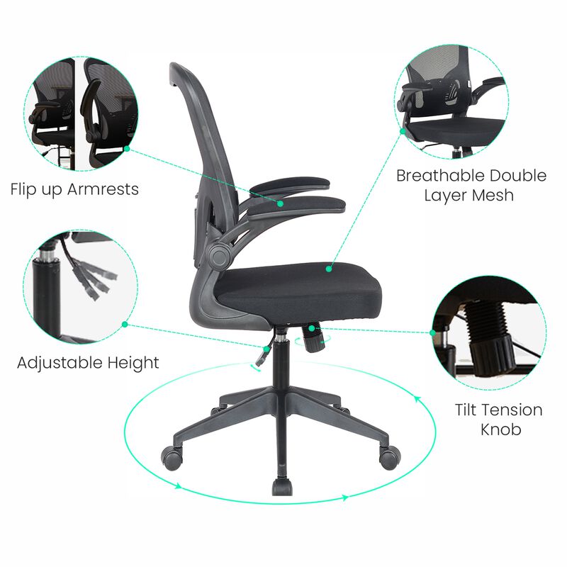 LeisureMod Mesh Office Swivel Desk Chair Modern Ergonomic Adjustable Height with Flip-Up Armrest and Breathable Back Newton Series