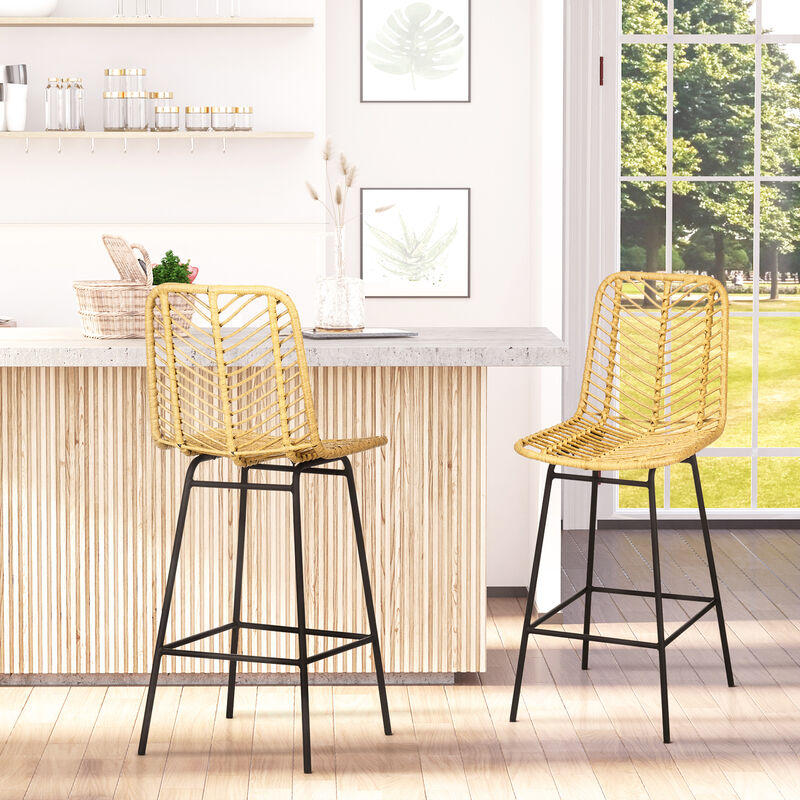 HOMCOM Modern Rattan Bar Stools, Breathable Steel-Base Wicker Counter Height Barstools for Kitchen Counter, Set of 2, Yellow