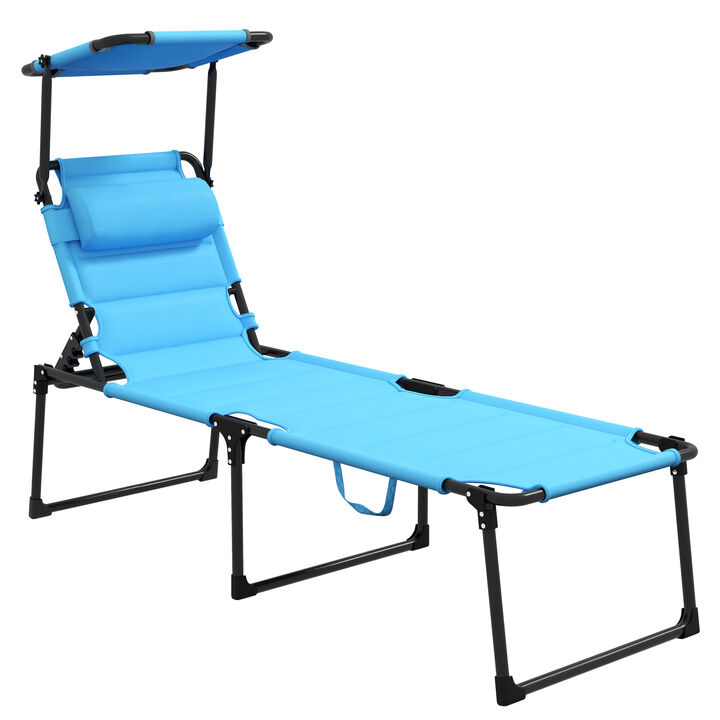 Outsunny Outdoor Lounge Chair, 4 Position Adjustable Backrest Folding Chaise Lounge, Cushioned Tanning Chair with Sun Shade Roof & Pillow Headrest for Beach, Camping, Hiking, Backyard, Gray