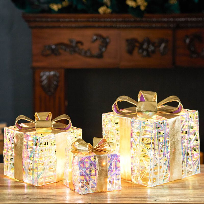 Woven LED Christmas Gift Boxes (Set of 3) – Pre-Lit Holiday Package Decorations with Ribbon Bows