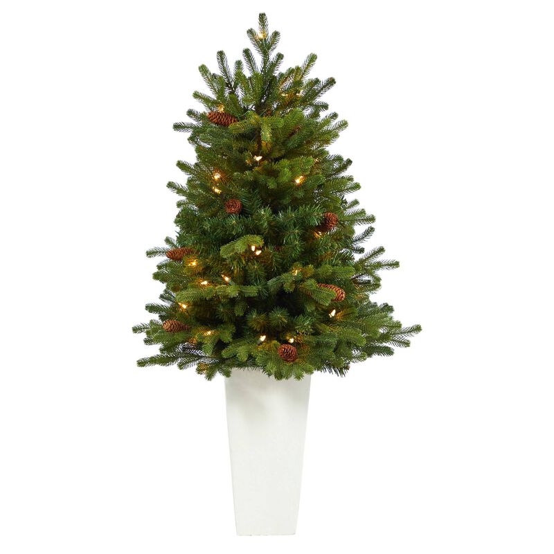 Nearly Natural 3.5-ft Yukon Fir Xmas Tree w/50 Clear Lights in White Planter
