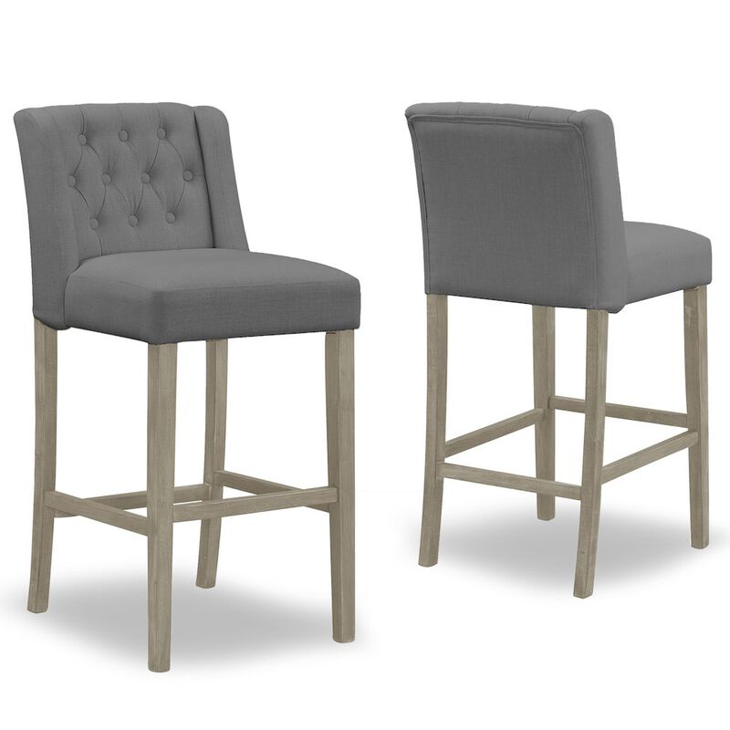 Glamour Home Set of 2 Aled Gray Fabric Bar Stool with Side Wings and Tufted Buttons