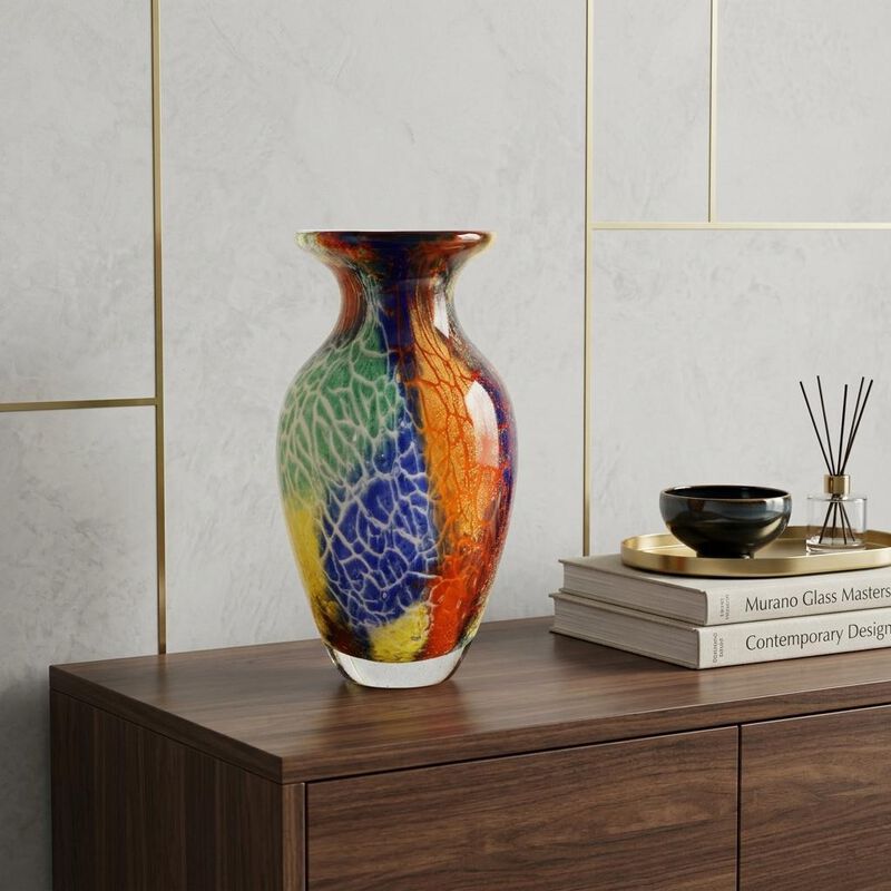 HomeRoots 11" Blue Green And Orange Urn Murano Glass Table Vase image number 1