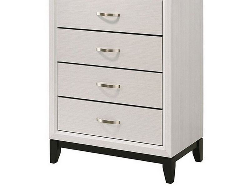Transitional 5 Drawer Chest with Curved Handle and Chamfered Feet, White - Benzara