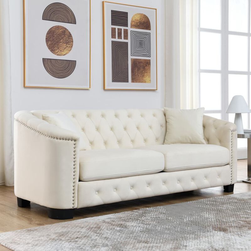 77 Inch Velvet Chesterfield Sofa, Button Tufted 3 Seater Sofa with Rolled Arms and Nailhead Trim, Upholstered Sofa with 2 Pillows image number 4