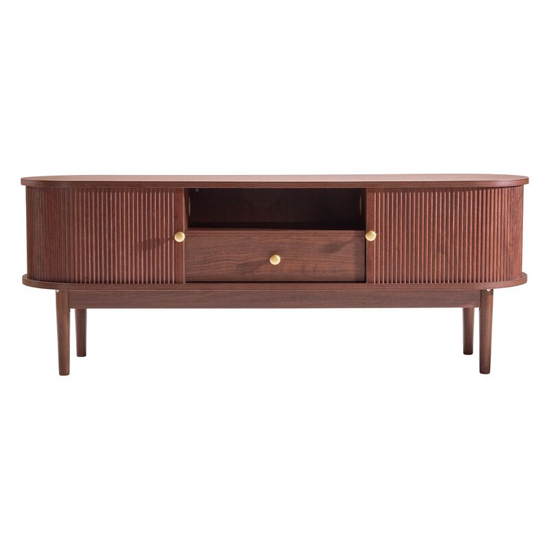 Mid Century TV Stand for TVs up to 58 Inch with Drawer and Storage Shelves-Brown image number 0