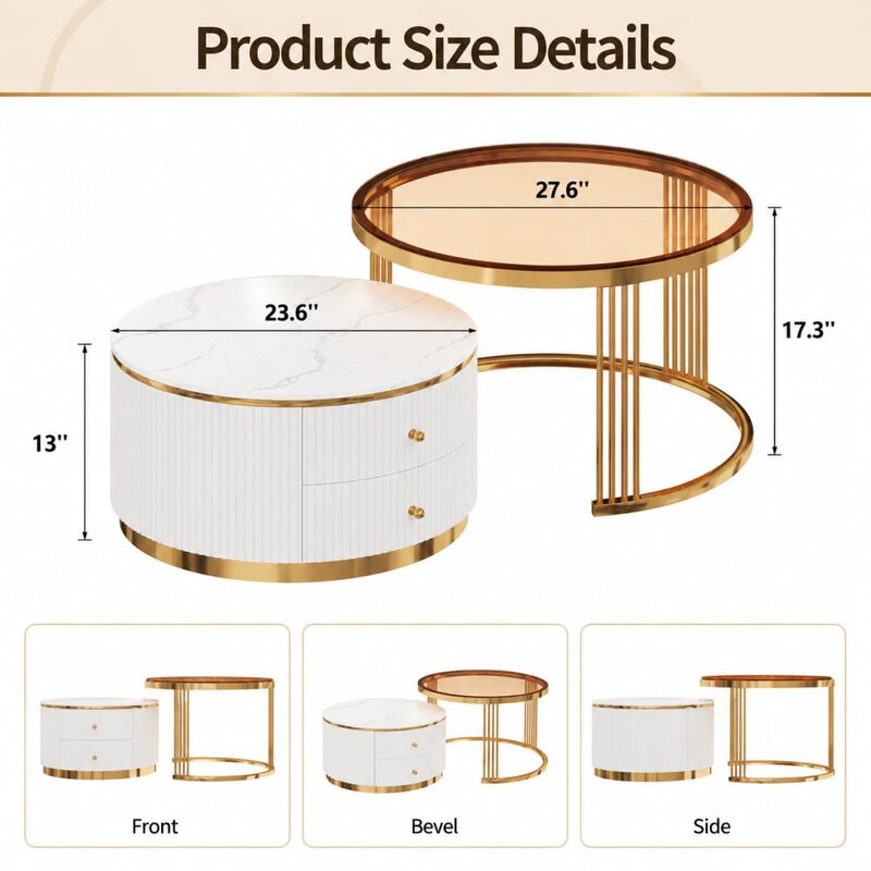 GOODSILO Modern 2-Piece Round Nesting Coffee Table Set with Storage Drawers, Space-Saving Versatile Furniture for Living Room and Small Home Spaces image number 1