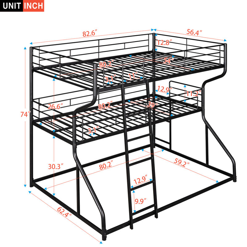 Full XL over Twin XL over Queen Size Triple Bunk Bed with Long and Short Ladder,Black