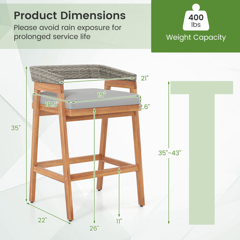 Acacia Wood Counter Height Bar Stools for Patio Set of 2 with Wicker Back & Cushions