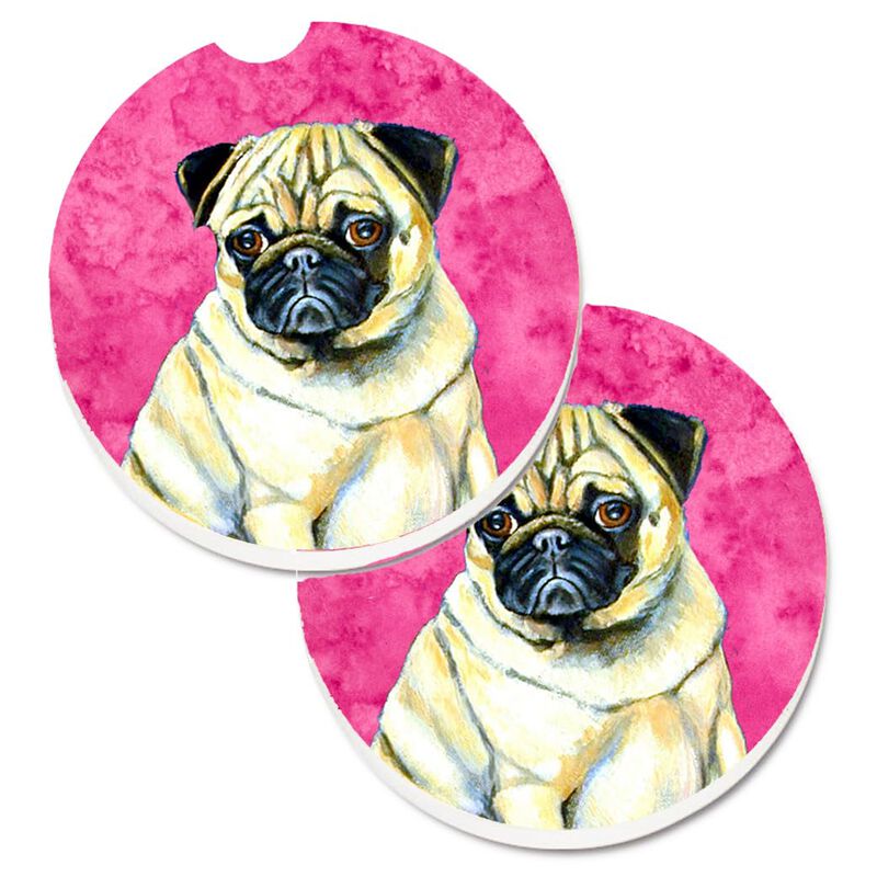 Caroline's Treasures Pink Pug Set of 2 Cup Holder Car Coasters LH9387PKCARC, 2.56, Multicolor image number 0