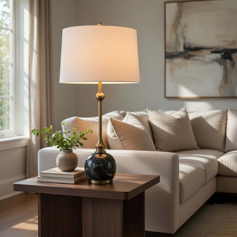 Table Lamp, White Drum Shade, Slim Brass Neck, Swirled Black Marble 29 Inch image number 1