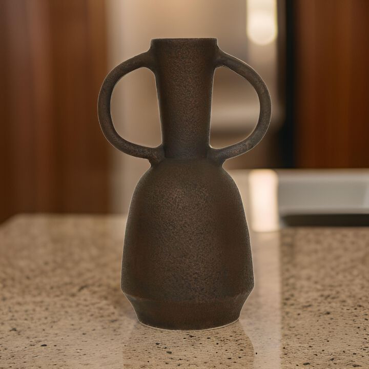 Adea Flower Vase, Antiqued Amphora Shape, Thin Neck Style, Brown Terracotta - Benzara