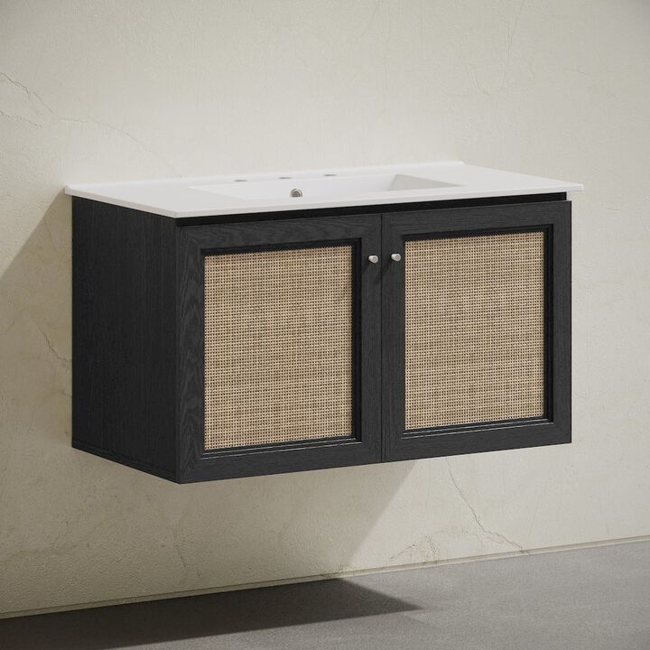36" Wall-Mounted Bathroom Vanity, Black Oak, Widespread Faucet Holes Vanity Top