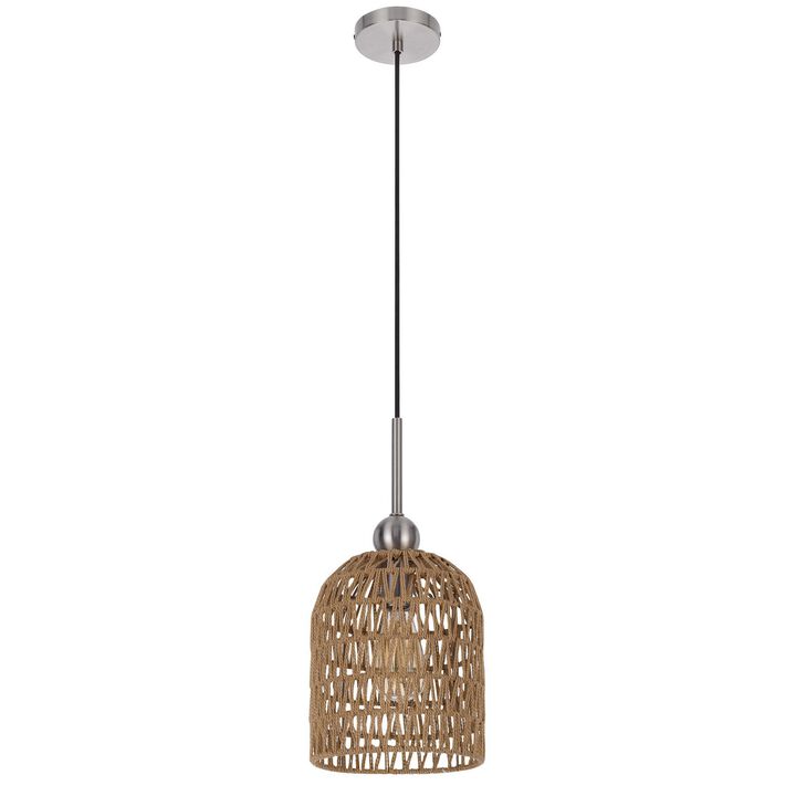 8 Inch Dia. Pendant Ceiling Light Fixture, Rope Woven Shade, Brown, Chrome - Benzara