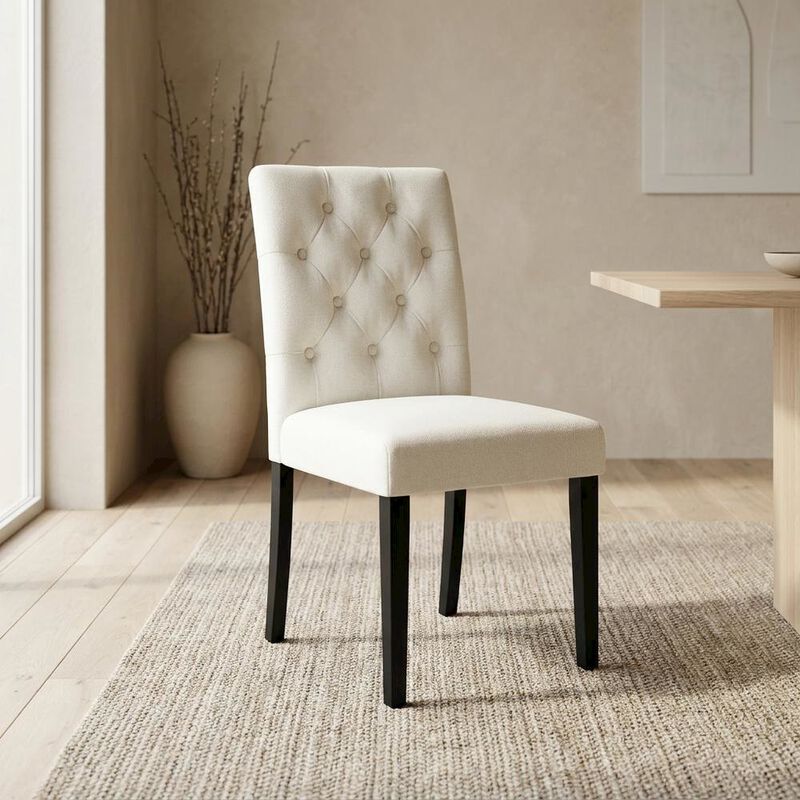 Button-Tufted Upholstered Fabric Parsons Chair, White image number 6