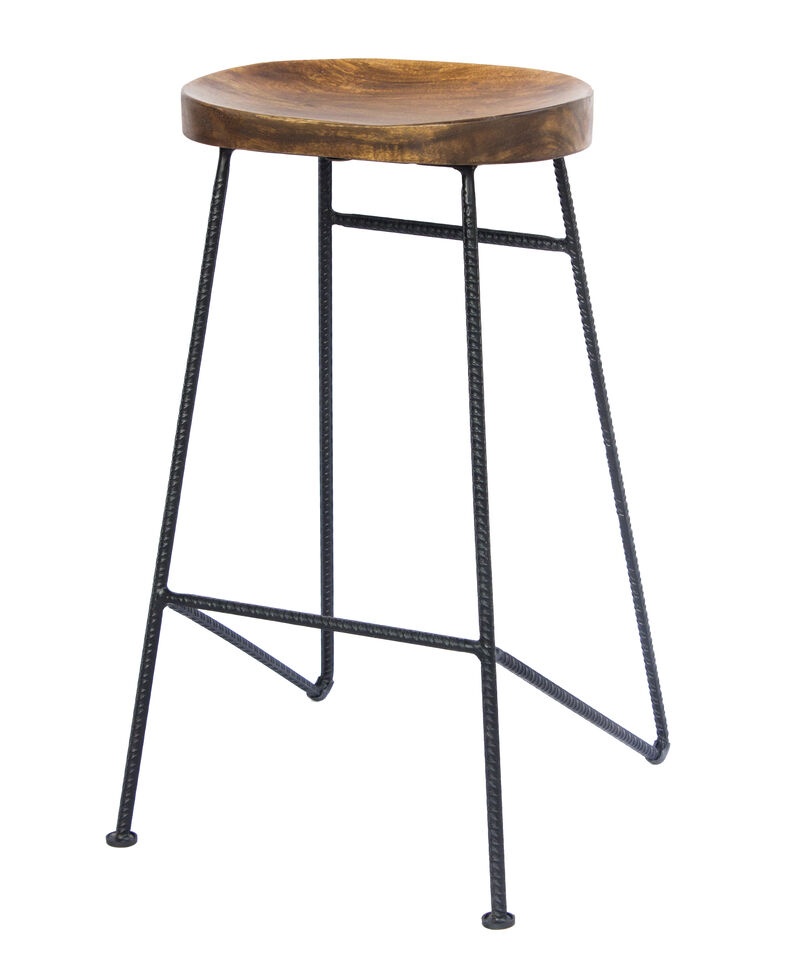 Jael 28 Inch Bar Stool with Mango Wood Saddle Seat, Iron Rod Legs, Brown and Black