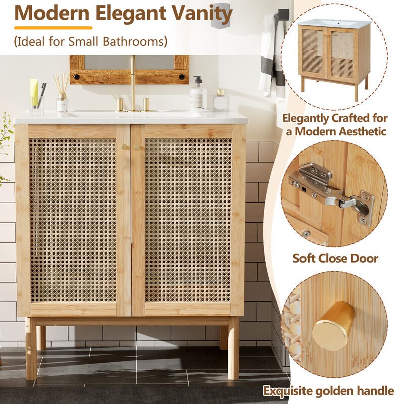ELEMENT ACE Space-Saving Natural Bamboo Vanity with Handwoven Rattan Doors image number 6