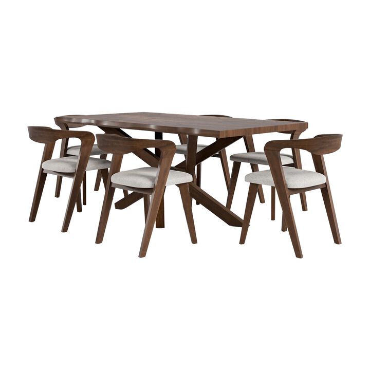 Vyva 7pc Dining Table Set, 6 Ivory White Chairs, Brown Full Solid Wood